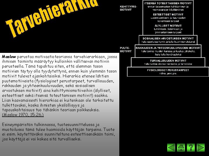 Maslow perustaa motivaatioteoriansa tarvehierarkiaan, jossa ihmisen toiminta määräytyy kulloinkin vallitsevan motiivin perusteella. Tämä tapahtuu