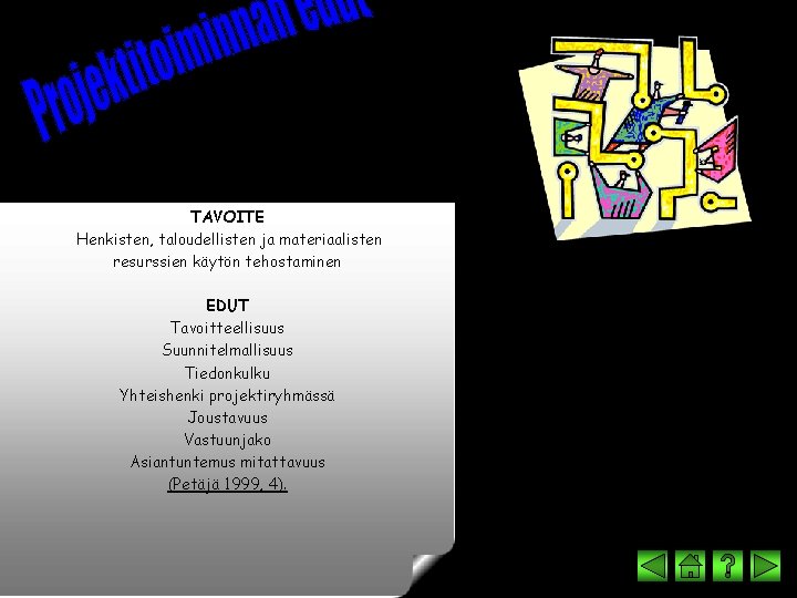 TAVOITE Henkisten, taloudellisten ja materiaalisten resurssien käytön tehostaminen EDUT Tavoitteellisuus Suunnitelmallisuus Tiedonkulku Yhteishenki projektiryhmässä