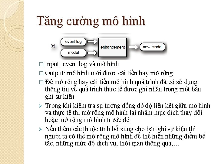 Tăng cường mô hình � Input: event log và mô hình � Output: mô