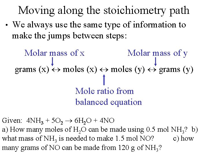 Moving along the stoichiometry path • We always use the same type of information