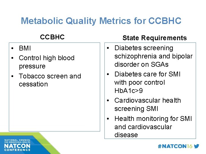 Metabolic Quality Metrics for CCBHC • BMI • Control high blood pressure • Tobacco