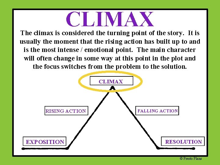 CLIMAX The climax is considered the turning point of the story. It is usually