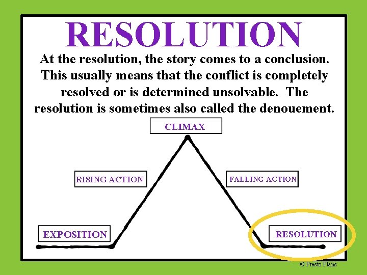 RESOLUTION At the resolution, the story comes to a conclusion. This usually means that