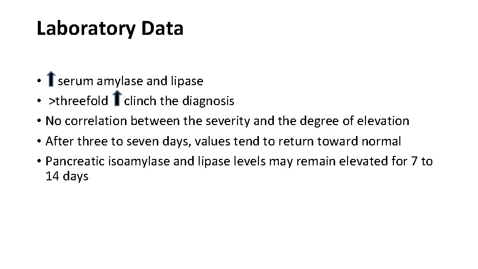 Laboratory Data • serum amylase and lipase • >threefold clinch the diagnosis • No