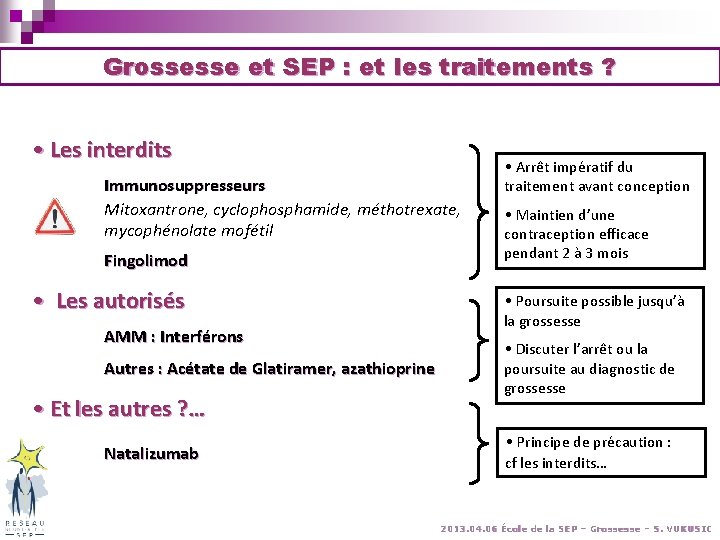 Grossesse et SEP : et les traitements ? • Les interdits Immunosuppresseurs Mitoxantrone, cyclophosphamide, Grossesse et SEP : et les traitements ? • Les interdits Immunosuppresseurs Mitoxantrone, cyclophosphamide,