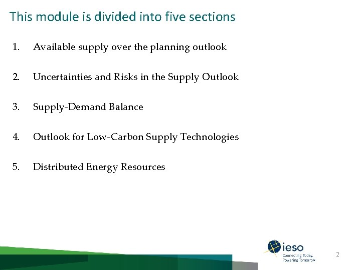 This module is divided into five sections 1. Available supply over the planning outlook