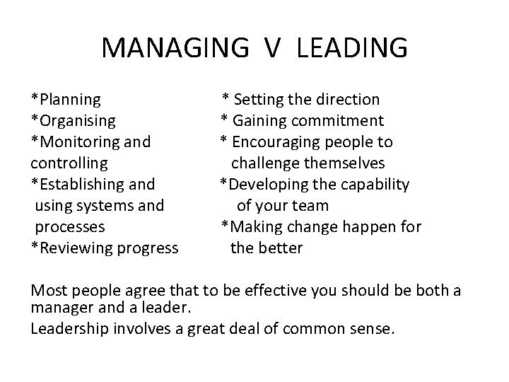 MANAGING V LEADING *Planning *Organising *Monitoring and controlling *Establishing and using systems and processes