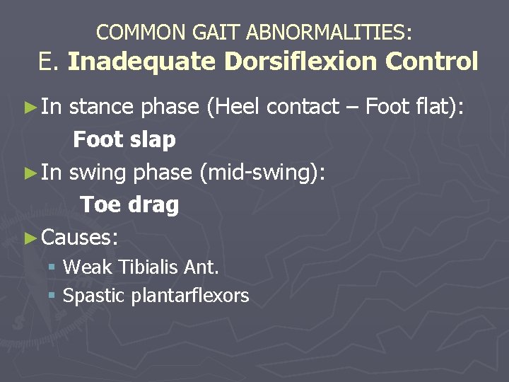 COMMON GAIT ABNORMALITIES: E. Inadequate Dorsiflexion Control ► In stance phase (Heel contact –