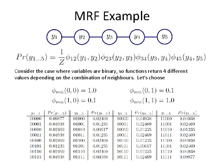 MRF Example Consider the case where variables are binary, so functions return 4 different