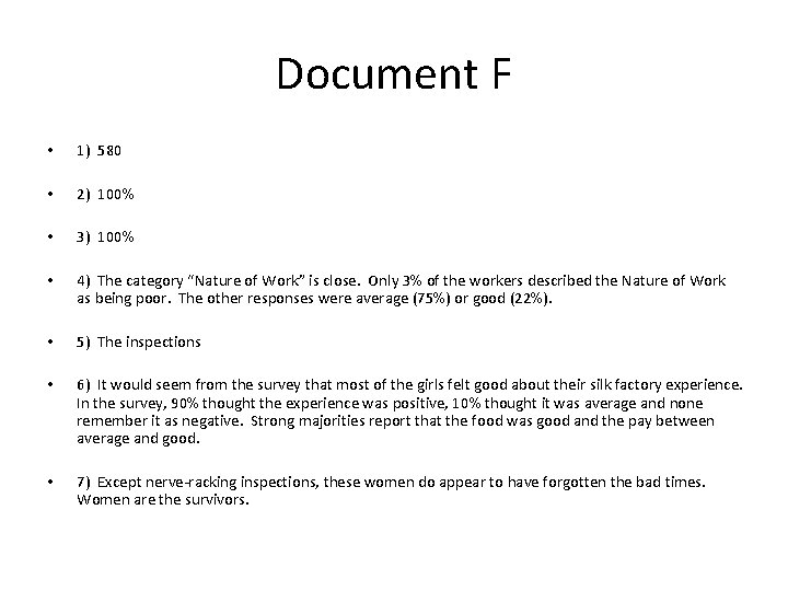 Document F • 1) 580 • 2) 100% • 3) 100% • 4) The