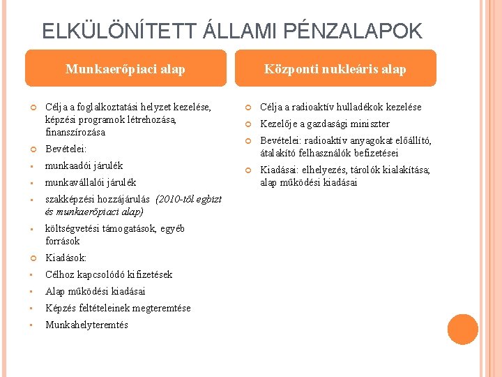 ELKÜLÖNÍTETT ÁLLAMI PÉNZALAPOK Munkaerőpiaci alap Célja a foglalkoztatási helyzet kezelése, képzési programok létrehozása, finanszírozása