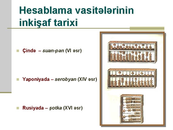 Hesablama vasitələrinin inkişaf tarixi VI əsr Suan-pan (Çin) n Çində – suan-pan (VI əsr)