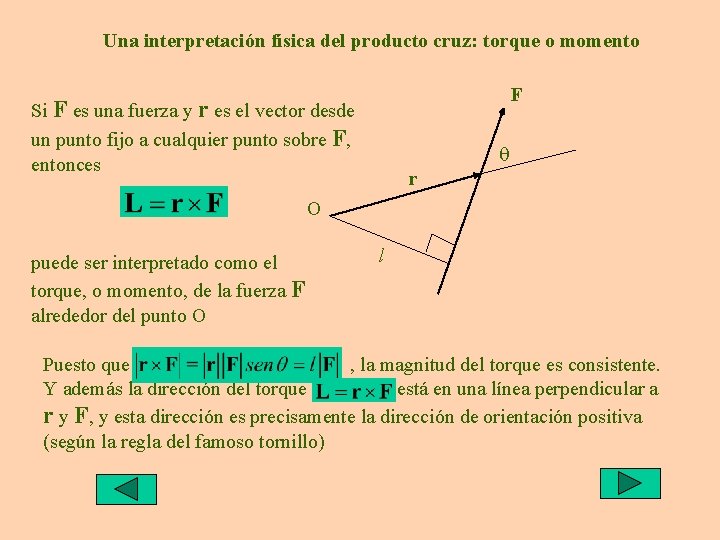 Una interpretación física del producto cruz: torque o momento F Si F es una