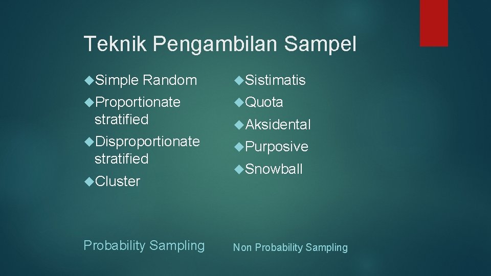 Teknik Pengambilan Sampel Simple Random Proportionate stratified Disproportionate stratified Cluster Probability Sampling Sistimatis Quota