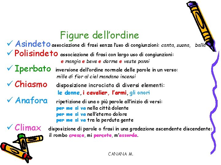 Figure dell’ordine Asindeto associazione di frasi senza l’uso di congiunzioni: canta, suona, Polisindeto associazione