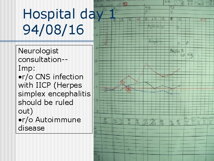 Hospital day 1 94/08/16 Neurologist consultation-Imp: • r/o CNS infection with IICP (Herpes simplex