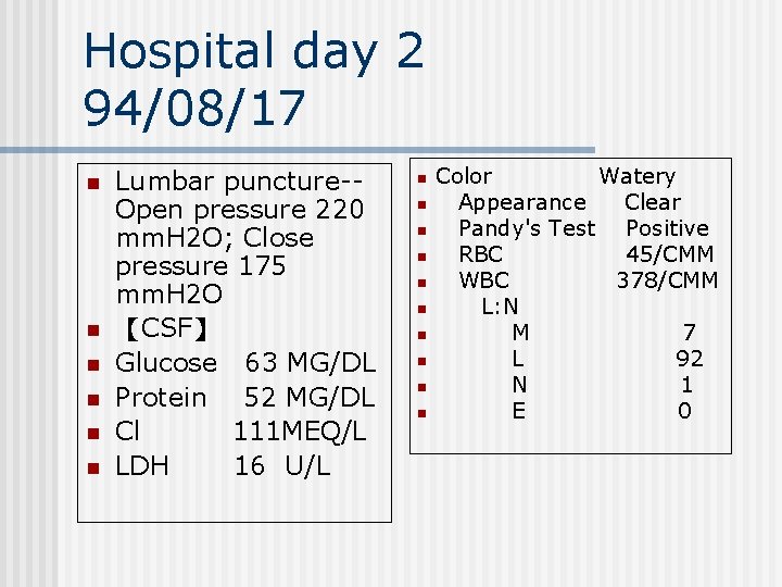 Hospital day 2 94/08/17 n n n Lumbar puncture-Open pressure 220 mm. H 2
