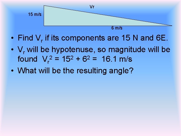 Vr 15 m/s 6 m/s • Find Vr if its components are 15 N