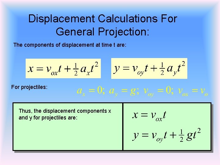 Displacement Calculations For General Projection: The components of displacement at time t are: For