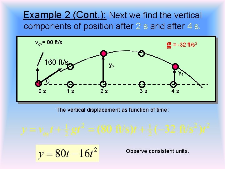 Example 2 (Cont. ): Next we find the vertical components of position after 2