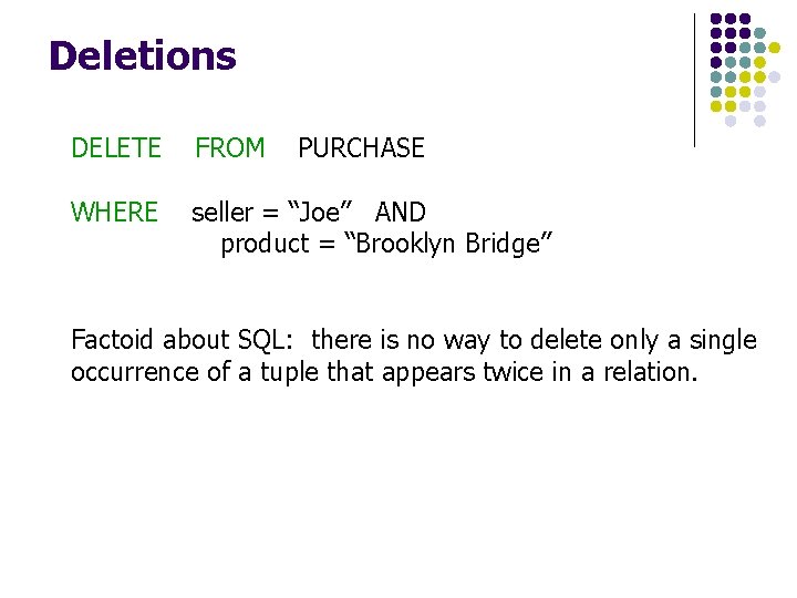 Deletions DELETE FROM PURCHASE WHERE seller = “Joe” AND product = “Brooklyn Bridge” Factoid