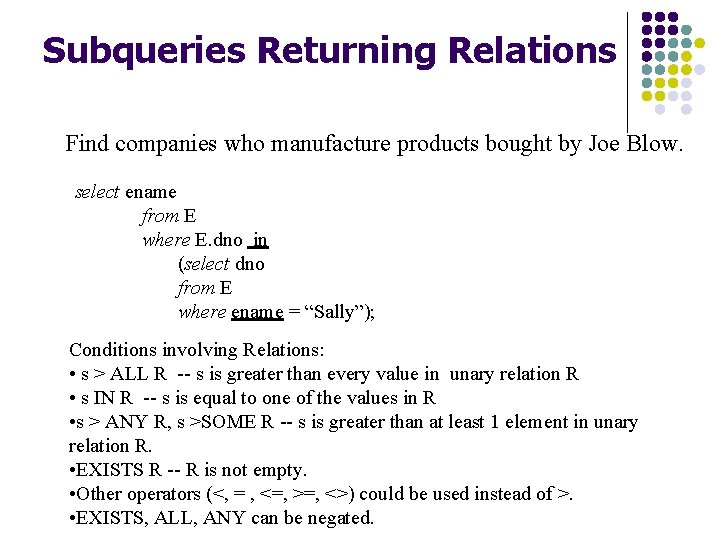 Subqueries Returning Relations Find companies who manufacture products bought by Joe Blow. select ename