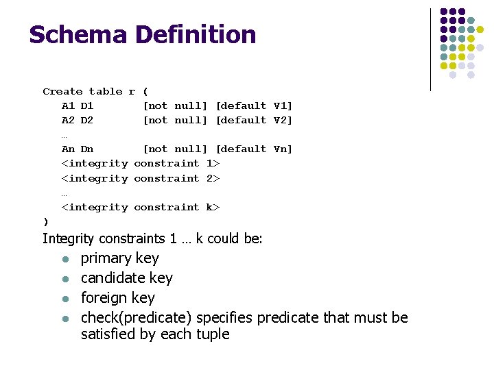 Schema Definition Create table r ( A 1 D 1 [not null] [default V