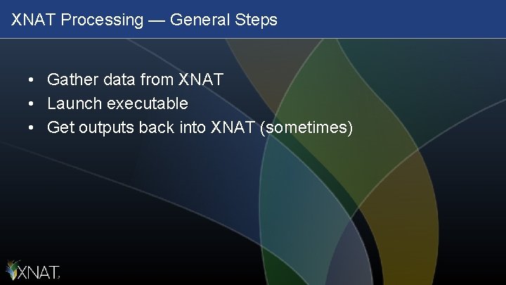 XNAT Processing — General Steps • • • Gather data from XNAT Launch executable