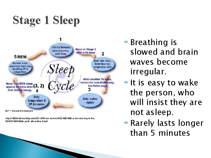 Stage 1 Sleep http: //1800 mattressblog. com/2011/05/rem-and-we%E 2%80%99 re-not-referring-to-the 90%E 2%80%99 s-punk-alternative-band/ Breathing is