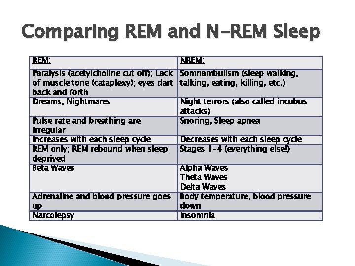 Comparing REM and N-REM Sleep REM: NREM: Paralysis (acetylcholine cut off); Lack Somnambulism (sleep