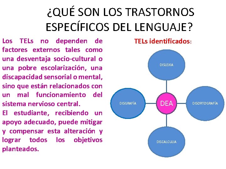 ¿QUÉ SON LOS TRASTORNOS ESPECÍFICOS DEL LENGUAJE? Los TELs no dependen de factores externos