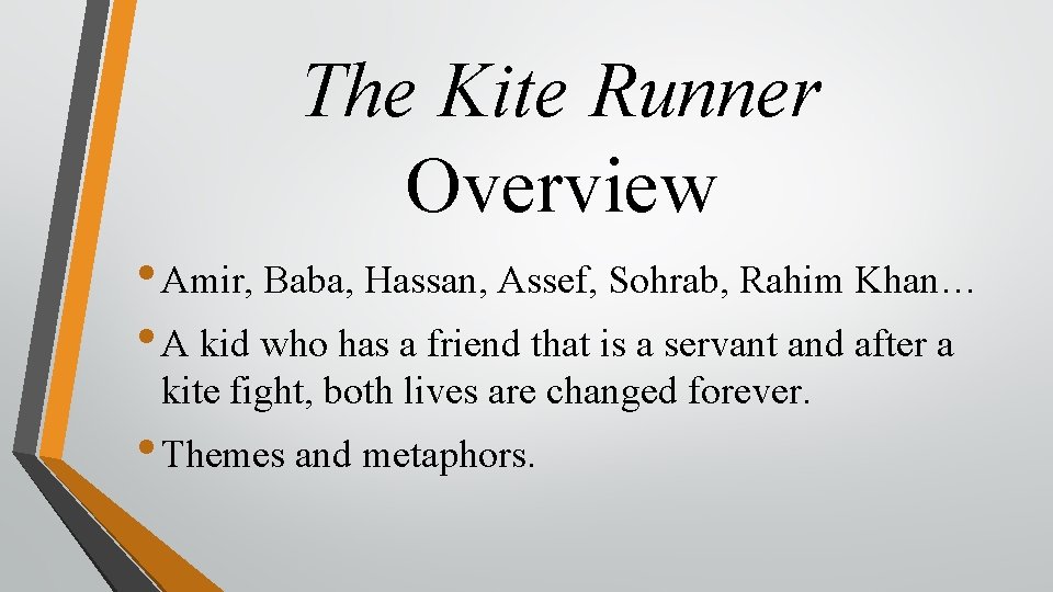 The Kite Runner Overview • Amir, Baba, Hassan, Assef, Sohrab, Rahim Khan… • A
