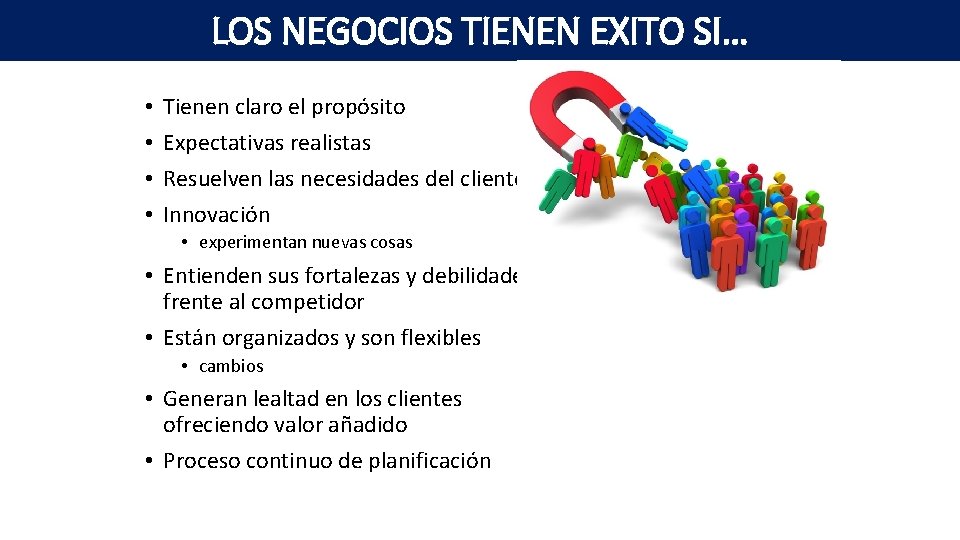 LOS NEGOCIOS TIENEN EXITO SI… • • Tienen claro el propósito Expectativas realistas Resuelven