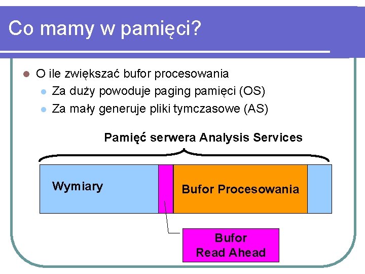 Co mamy w pamięci? l O ile zwiększać bufor procesowania l Za duży powoduje