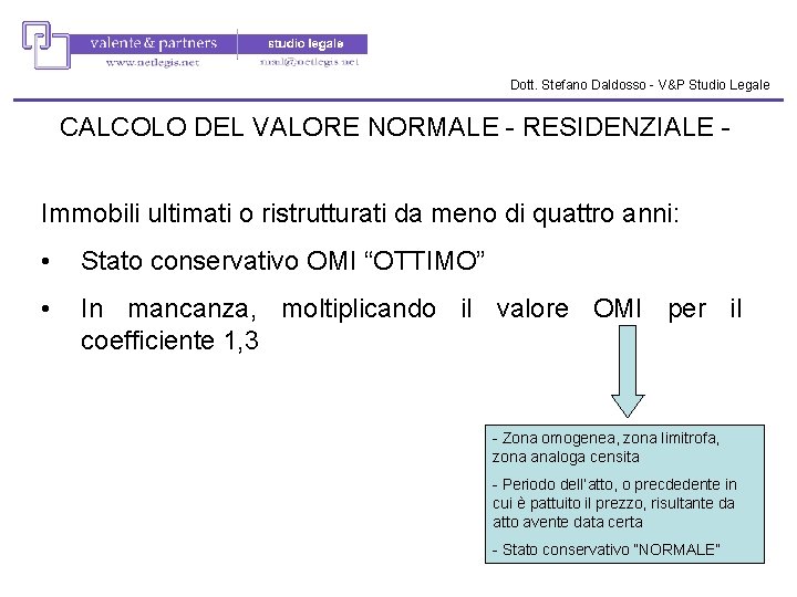 Dott. Stefano Daldosso - V&P Studio Legale CALCOLO DEL VALORE NORMALE - RESIDENZIALE Immobili Dott. Stefano Daldosso - V&P Studio Legale CALCOLO DEL VALORE NORMALE - RESIDENZIALE Immobili