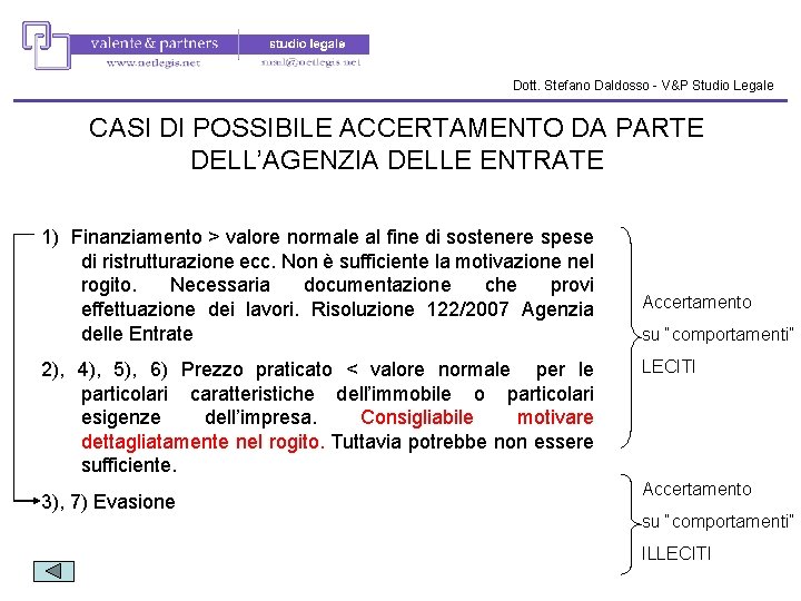 Dott. Stefano Daldosso - V&P Studio Legale CASI DI POSSIBILE ACCERTAMENTO DA PARTE DELL’AGENZIA Dott. Stefano Daldosso - V&P Studio Legale CASI DI POSSIBILE ACCERTAMENTO DA PARTE DELL’AGENZIA