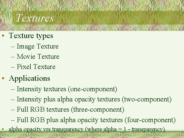 Textures • Texture types – Image Texture – Movie Texture – Pixel Texture •