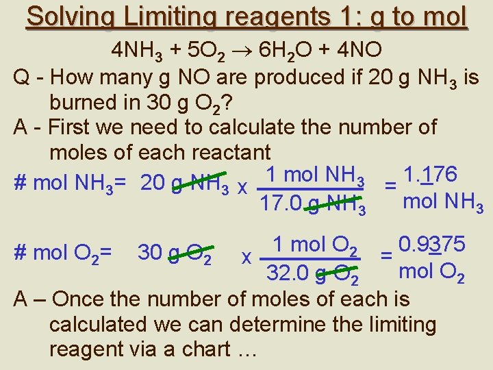 Solving Limiting reagents 1: g to mol 4 NH 3 + 5 O 2 Solving Limiting reagents 1: g to mol 4 NH 3 + 5 O 2