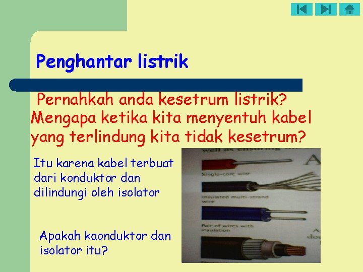 Penghantar listrik Pernahkah anda kesetrum listrik? Mengapa ketika kita menyentuh kabel yang terlindung kita