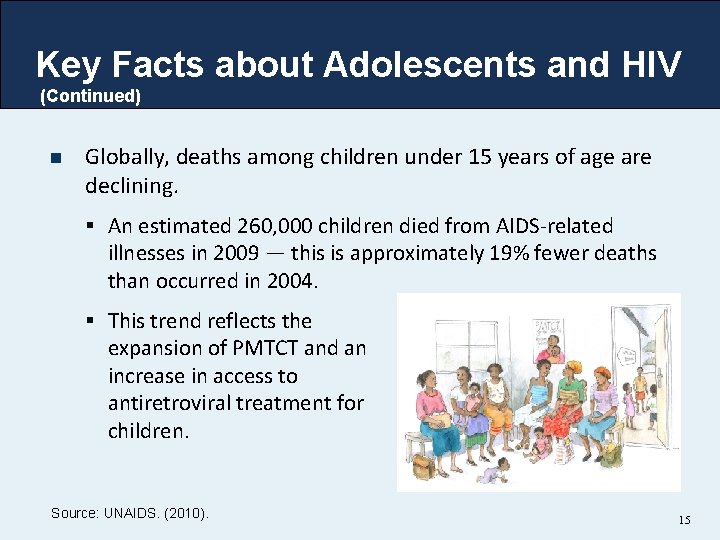 Key Facts about Adolescents and HIV (Continued) n Globally, deaths among children under 15