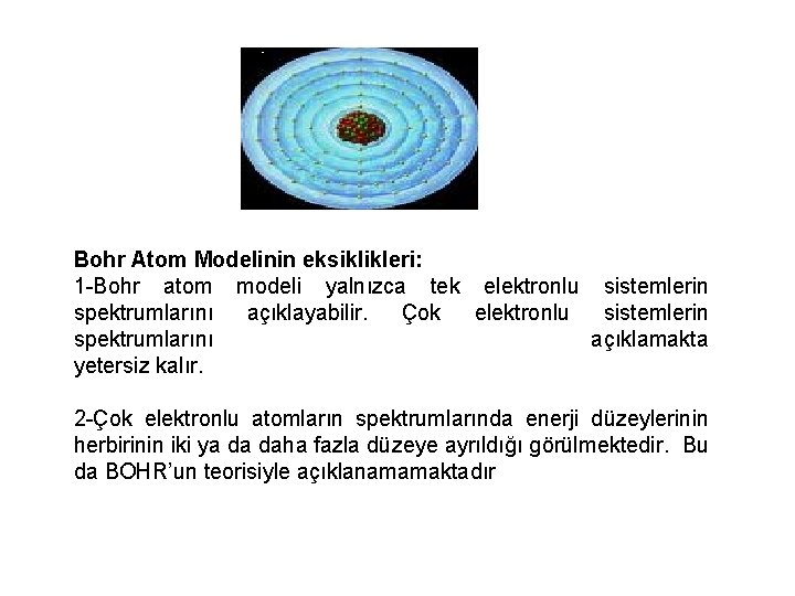Bohr Atom Modelinin eksiklikleri: 1 -Bohr atom modeli yalnızca tek elektronlu sistemlerin spektrumlarını açıklayabilir.