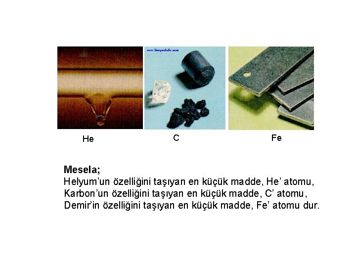 He C Fe Mesela; Helyum’un özelliğini taşıyan en küçük madde, He’ atomu, Karbon’un özelliğini