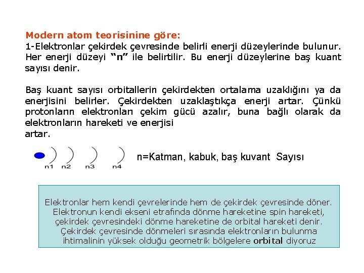 Modern atom teorisinine göre: 1 -Elektronlar çekirdek çevresinde belirli enerji düzeylerinde bulunur. Her enerji