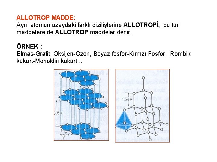 ALLOTROP MADDE: Aynı atomun uzaydaki farklı dizilişlerine ALLOTROPİ, bu tür maddelere de ALLOTROP maddeler