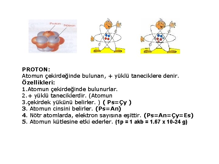 PROTON: Atomun çekirdeğinde bulunan, + yüklü taneciklere denir. Özellikleri: 1. Atomun çekirdeğinde bulunurlar. 2.
