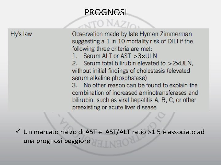 PROGNOSI ü Un marcato rialzo di AST e AST/ALT ratio >1. 5 è associato