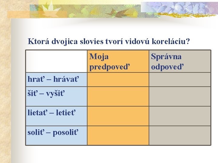 Ktorá dvojica slovies tvorí vidovú koreláciu? Moja predpoveď hrať – hrávať šiť – vyšiť