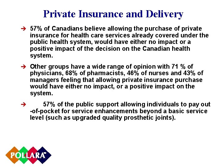 Private Insurance and Delivery è 57% of Canadians believe allowing the purchase of private