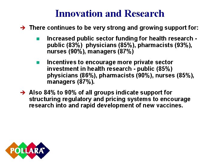 Innovation and Research è There continues to be very strong and growing support for: