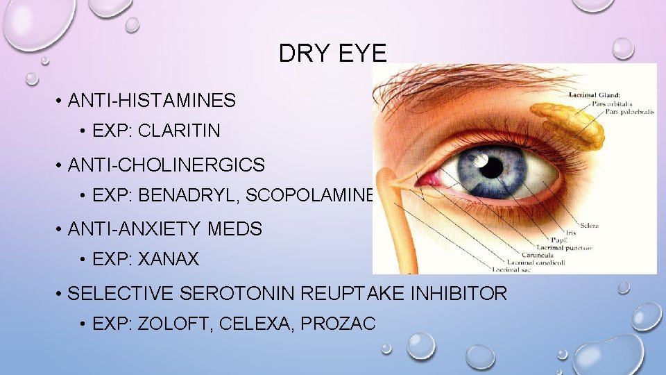 DRY EYE • ANTI-HISTAMINES • EXP: CLARITIN • ANTI-CHOLINERGICS • EXP: BENADRYL, SCOPOLAMINE •